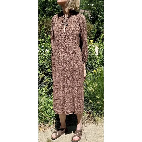 VICI Tiered Midi Dress Size Medium Tan/Black Leopard/Cheetah Print Tie Front - Picture 16 of 16